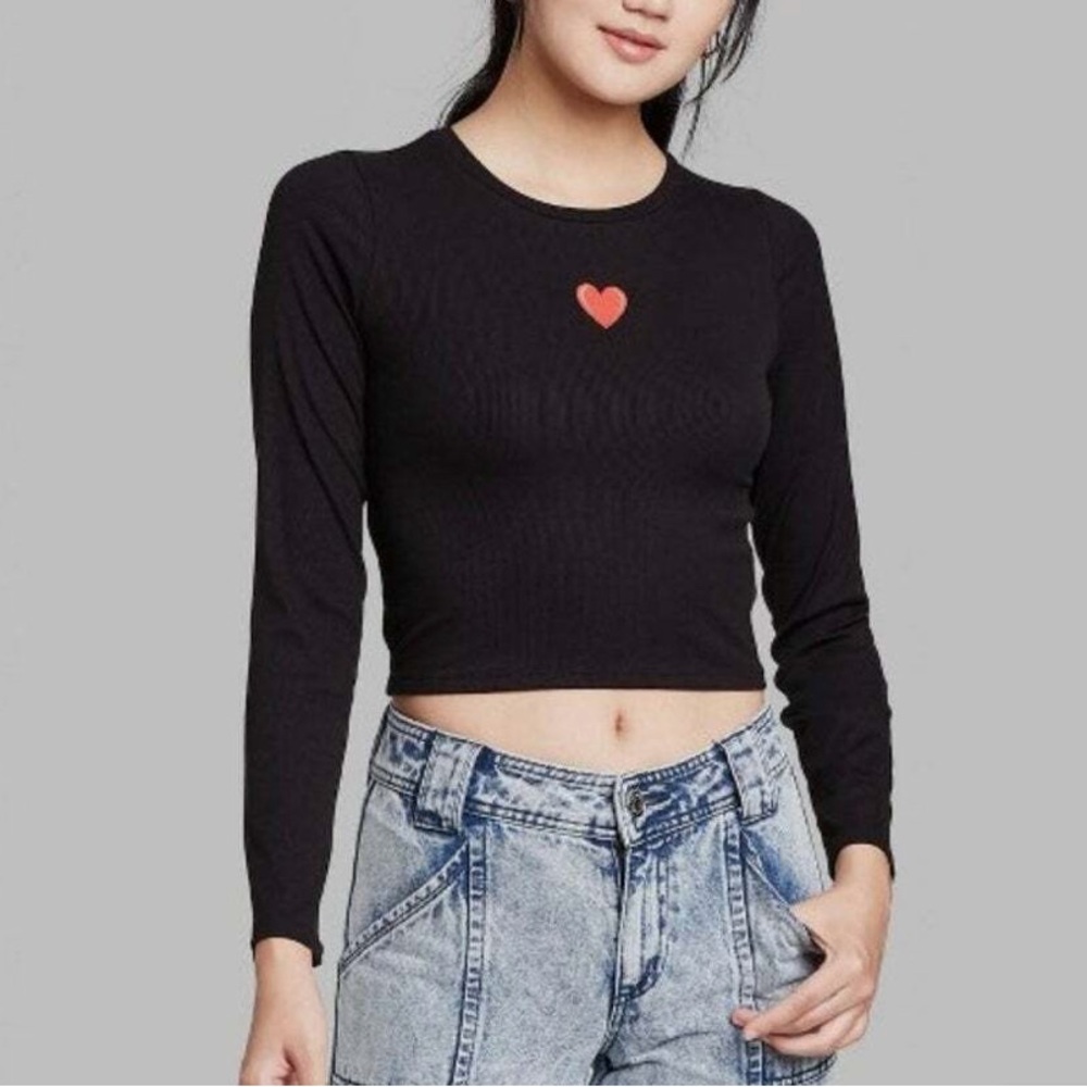 Wild Fable Black Crop Top with Red Heart